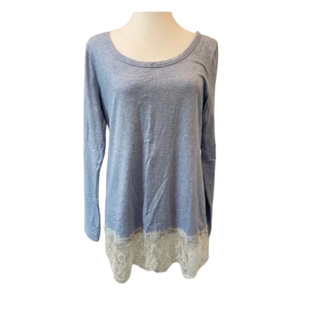 SOFT SURROUNDINGS Long-sleeved Tee w/ Lace at Hem Shirt in Blue Size XS - Picture 3 of 9